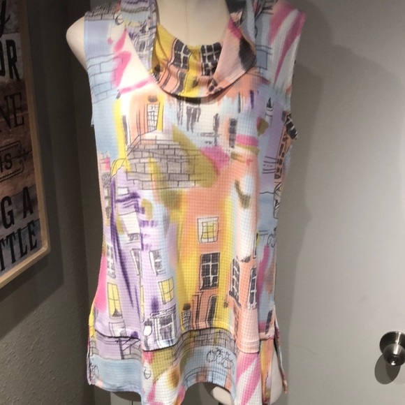 Colorful Abstract Print cowl neck Sleeveless Blouse contrast hem - Picture 2 of 13